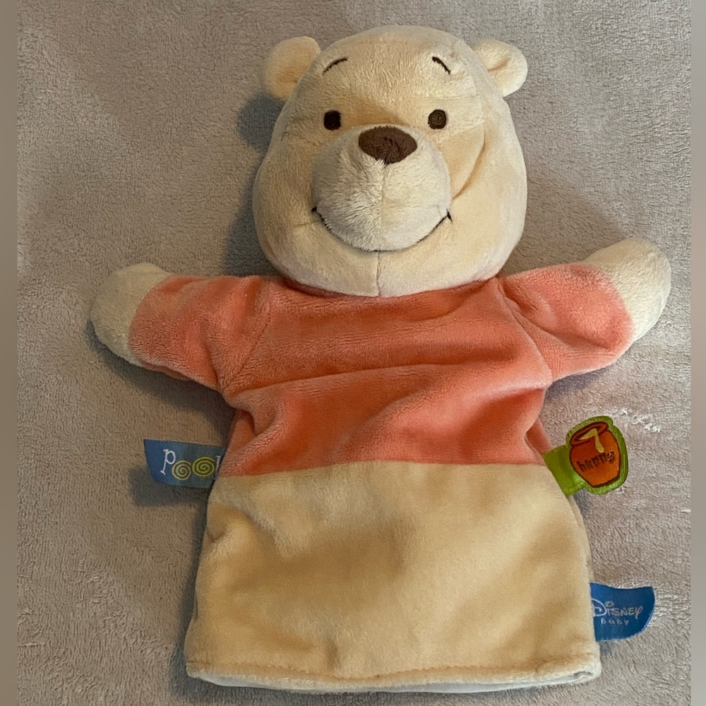 Disney Baby Winnie The Pooh Pastel Orange Beige  Hand Puppet Rattle Plush 10”